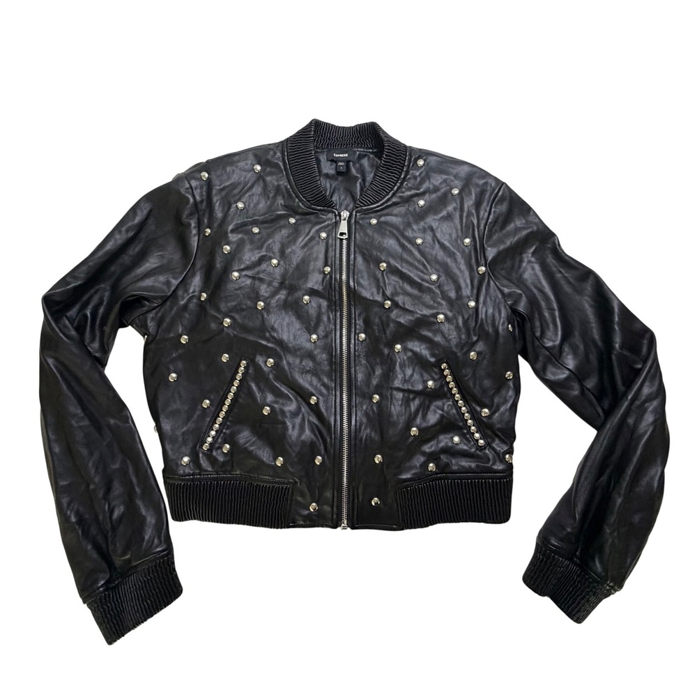 Express Womens Black Studded Faux Leather Bomber Jacket Small Ribbed Trim Zip Up